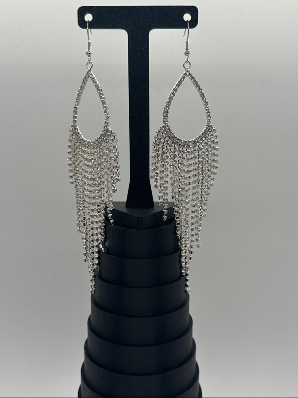Silver Teardrop Rhinestone Fringe Earrings - Sparkling Women's Drop Earrings